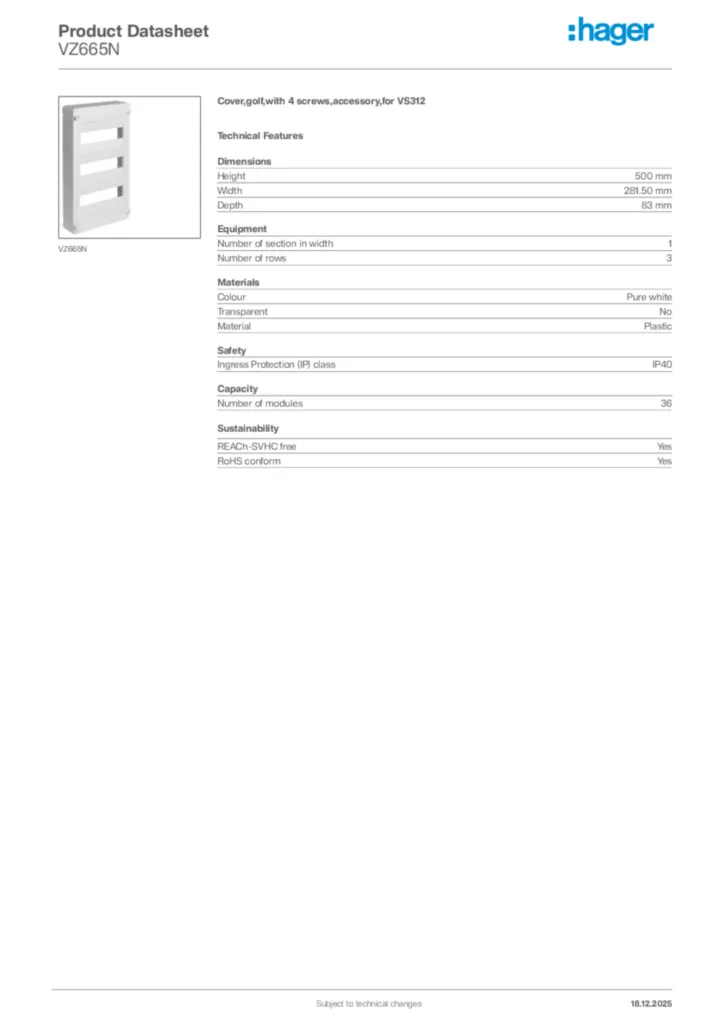 Image Hager Product data sheet VZ665N  | Hager Africa