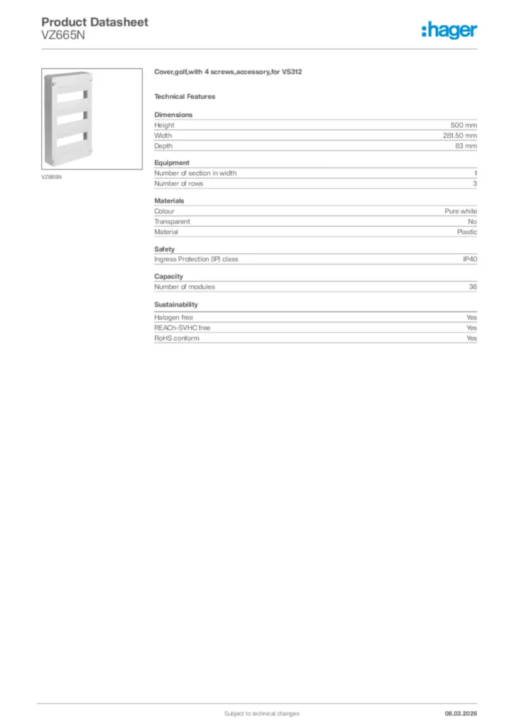 Image Hager Product data sheet VZ665N  | Hager Africa