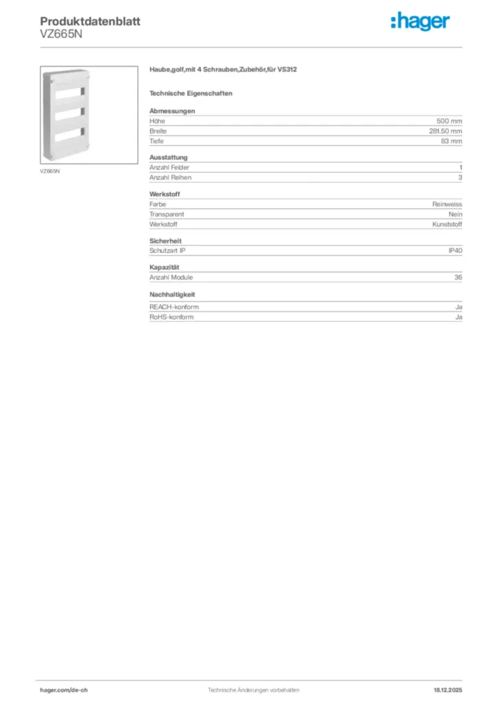 Bild Hager Produktdatenblatt VZ665N | Hager Schweiz