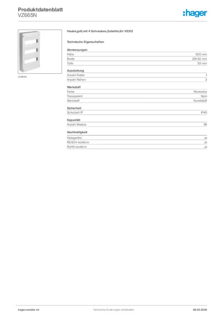 Bild Hager Produktdatenblatt VZ665N | Hager Schweiz