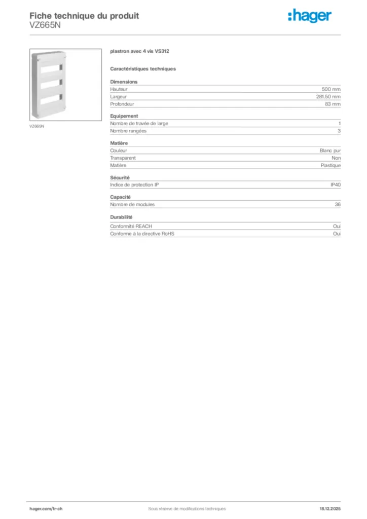 Image Hager Fiche technique du produit VZ665N | Hager Suisse