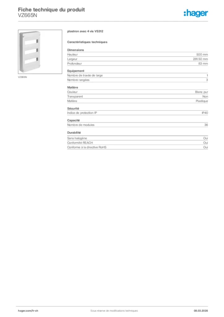 Image Hager Fiche technique du produit VZ665N | Hager Suisse