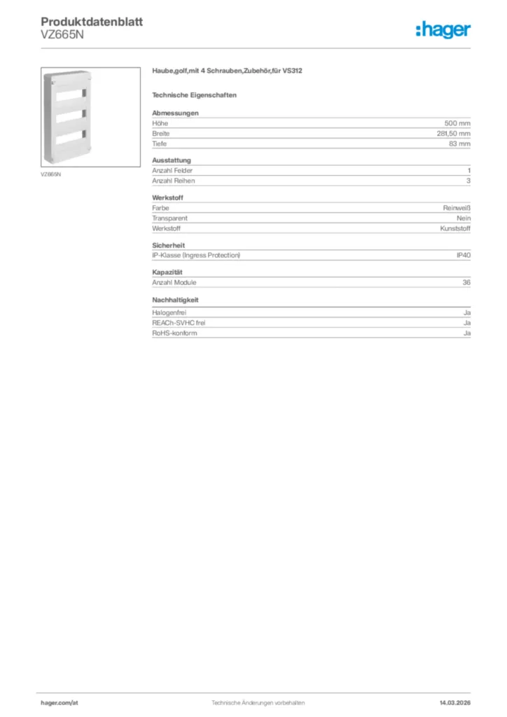 Bild Hager Produktdatenblatt VZ665N | Hager Deutschland