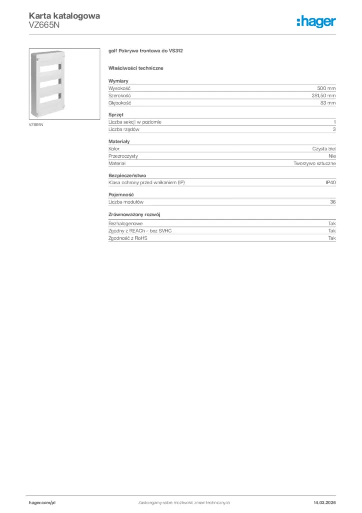 Zdjęcie Hager Karta katalogowa VZ665N | Hager Polska