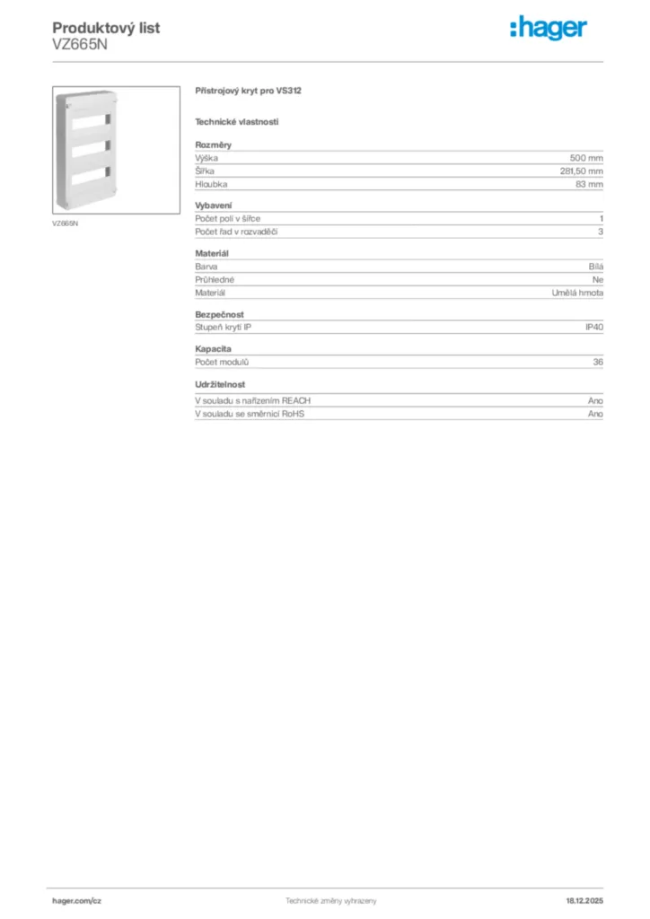 Obrázek Hager Produktový list VZ665N | Hager