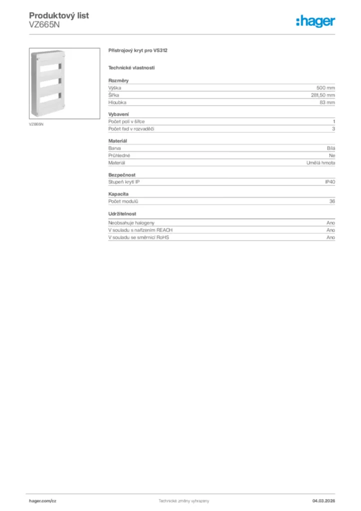 Obrázek Hager Product data sheet VZ665N | Hager