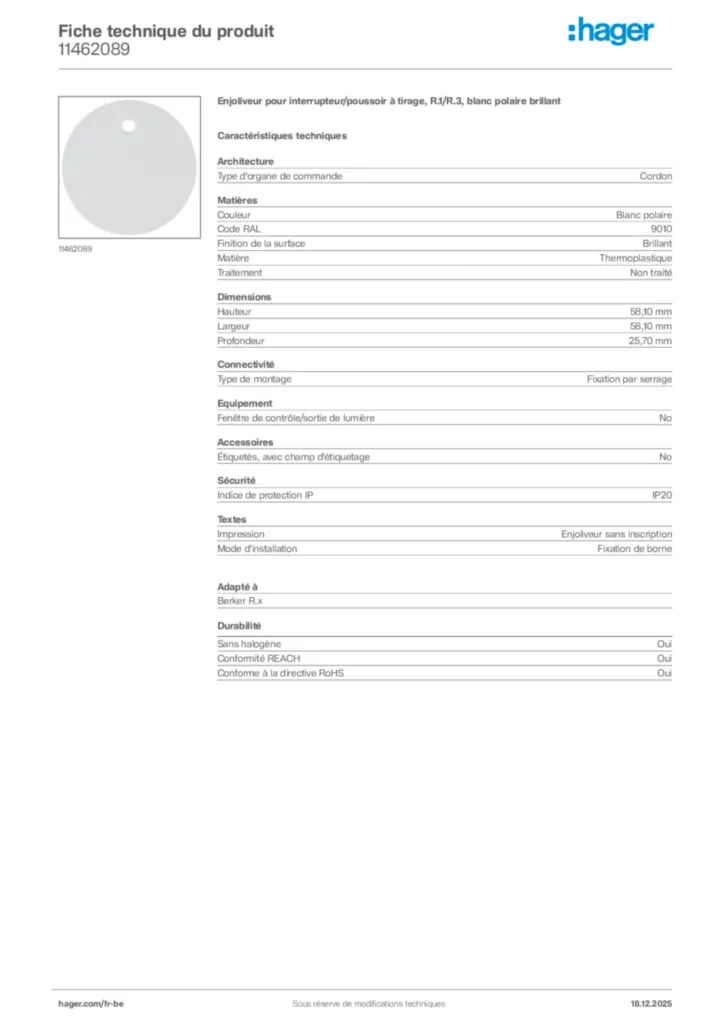 Image Hager Fiche technique du produit 11462089 | Hager Belgique