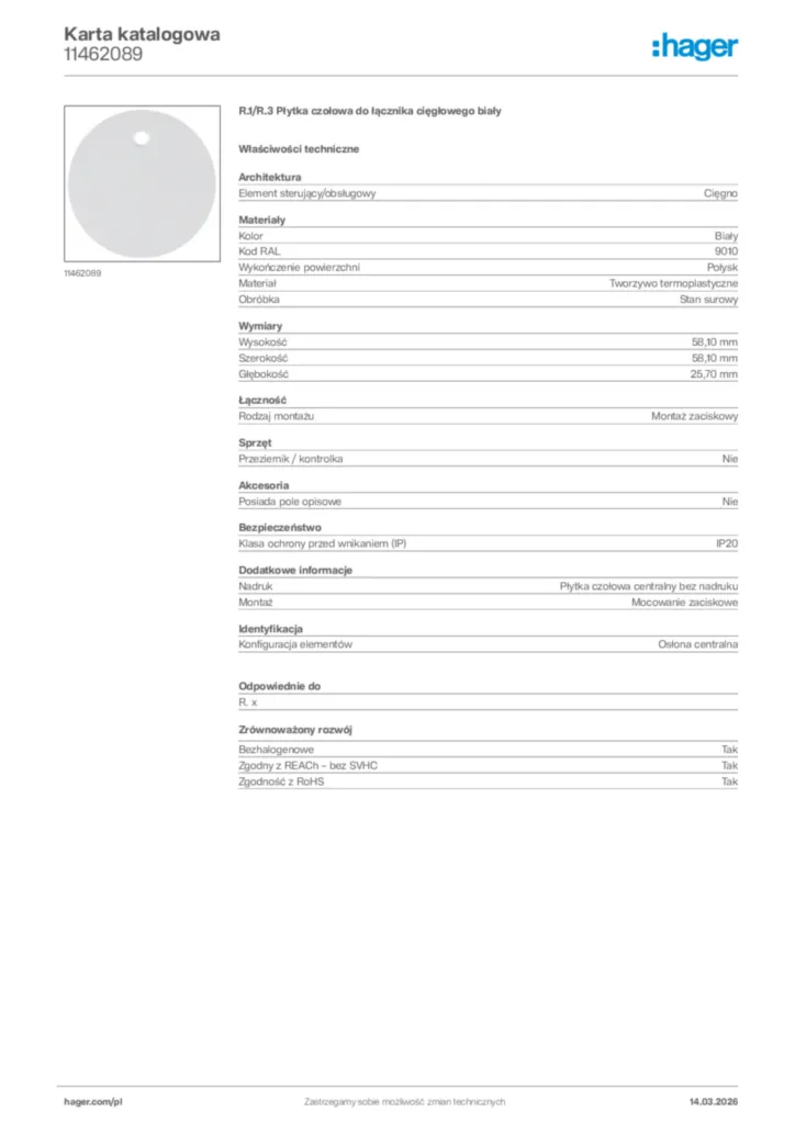 Zdjęcie Hager Karta katalogowa 11462089 | Hager Polska