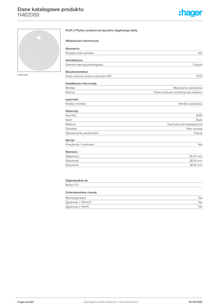 Zdjęcie Hager Karta katalogowa 11462089 | Hager Polska
