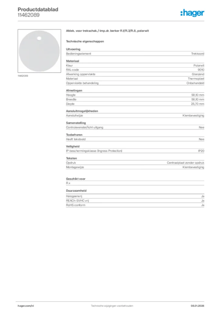 Afbeelding Hager Productdatablad 11462089 | Hager Nederland