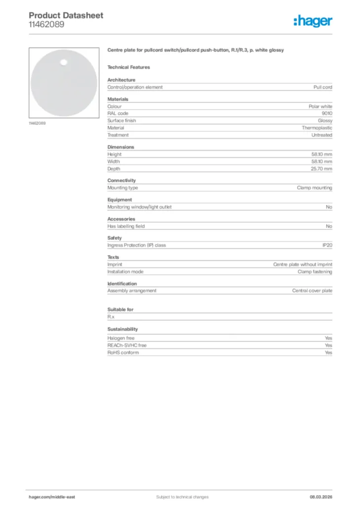 Image Hager Product data sheet 11462089  | Hager