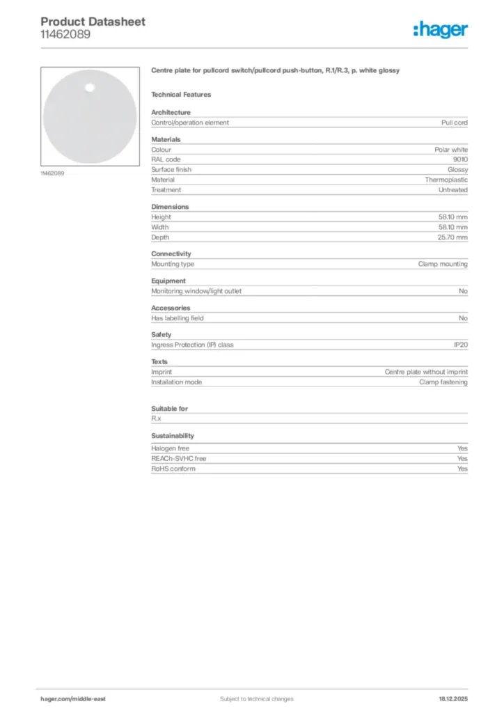 Image Hager Product data sheet 11462089  | Hager