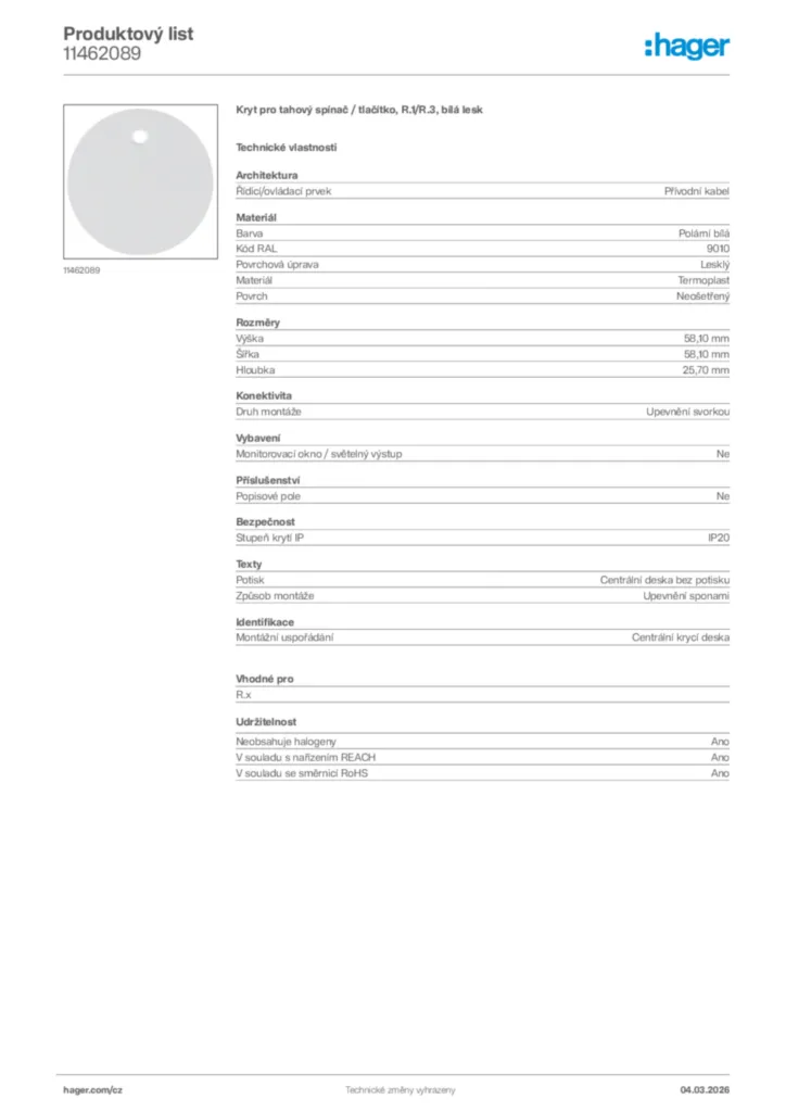 Obrázek Hager Product data sheet 11462089 | Hager