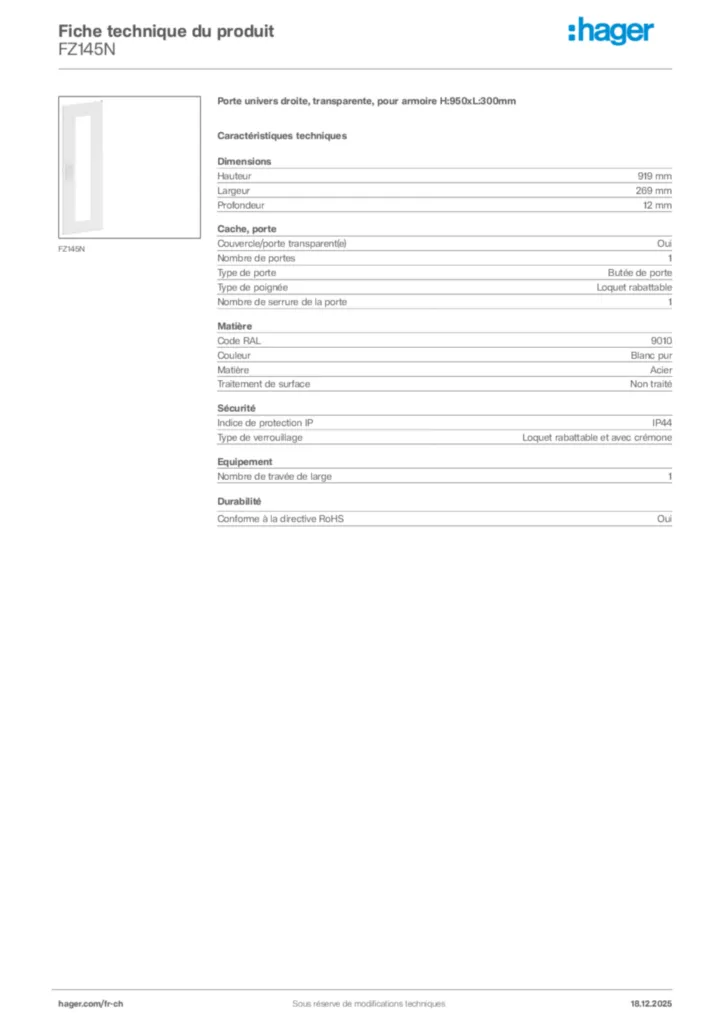 Image Hager Fiche technique du produit FZ145N | Hager Suisse