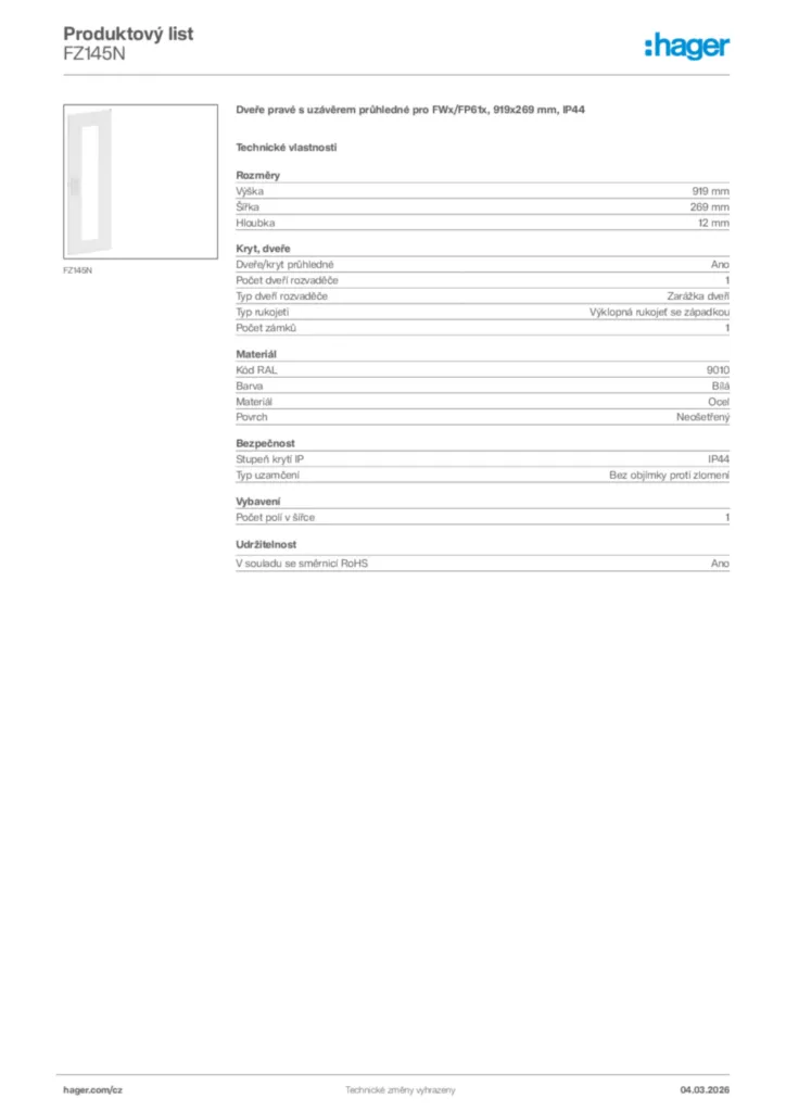 Obrázek Hager Product data sheet FZ145N | Hager