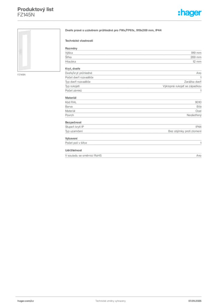 Obrázek Hager Produktový list FZ145N | Hager