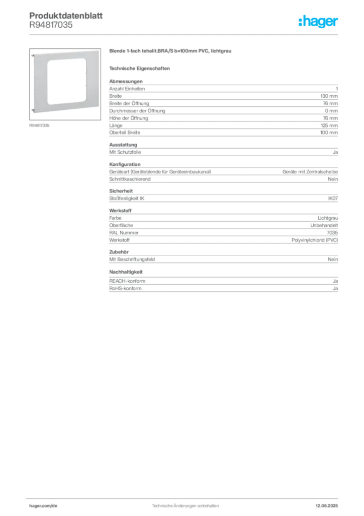 Bild Hager Produktdatenblatt R94817035 | Hager Deutschland