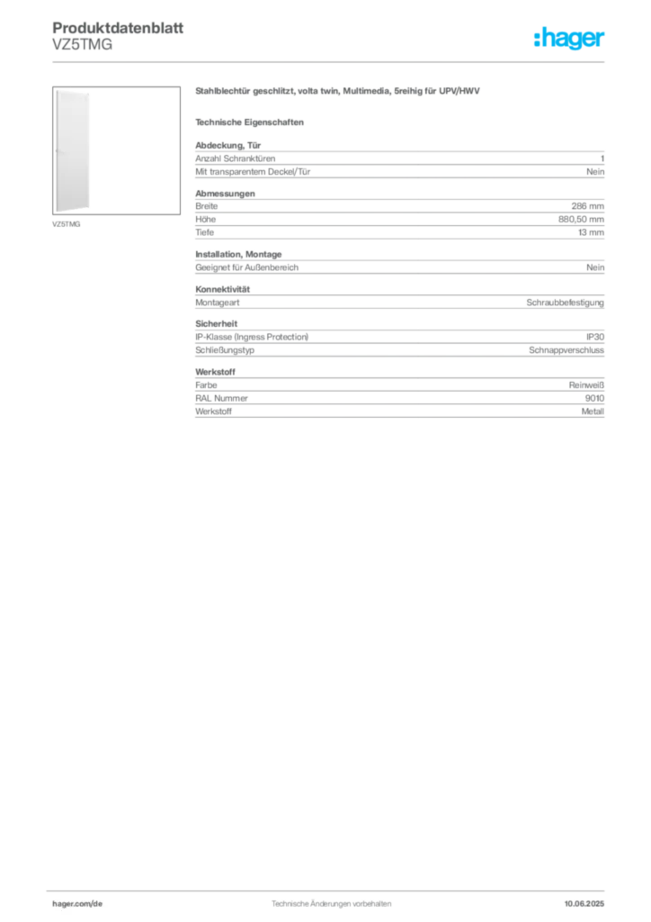Bild Hager Produktdatenblatt VZ5TMG | Hager Deutschland