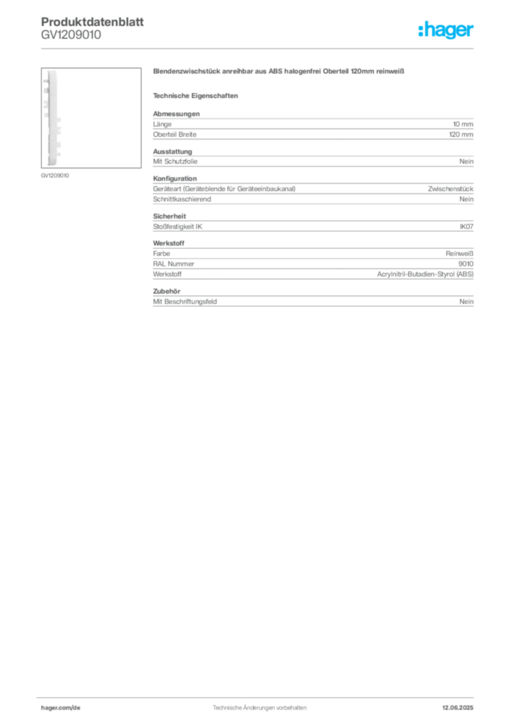 Bild Hager Produktdatenblatt GV1209010 | Hager Deutschland
