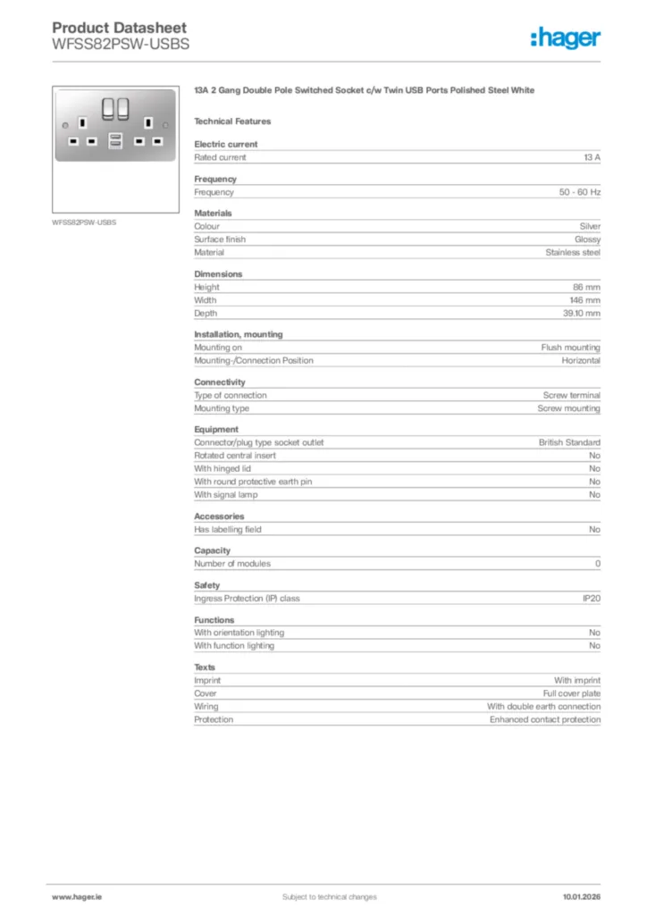 Image Hager Product data sheet WFSS82PSW-USBS  | Hager