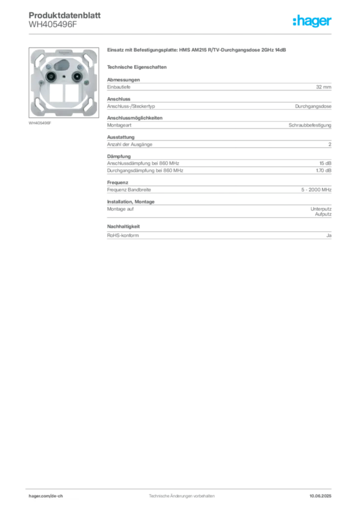 Bild Hager Produktdatenblatt WH405496F | Hager Schweiz