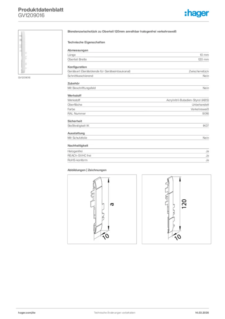 Bild Hager Produktdatenblatt GV1209016 | Hager Deutschland