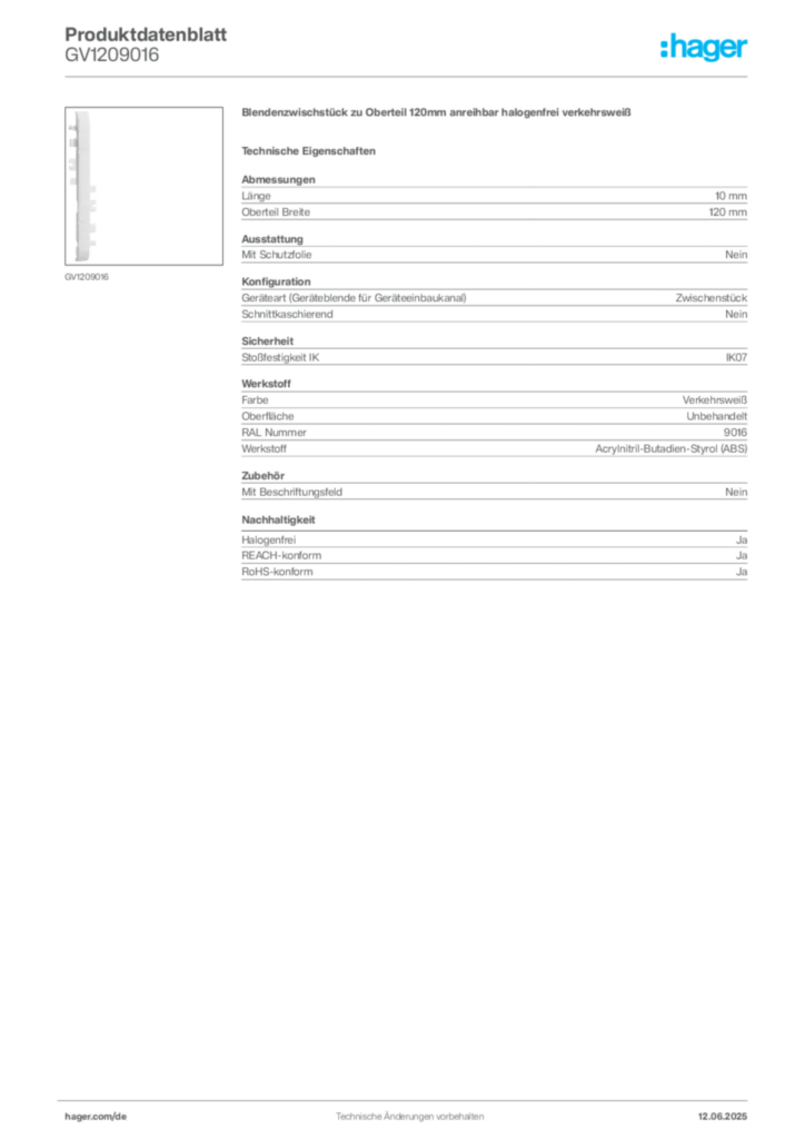 Bild Hager Produktdatenblatt GV1209016 | Hager Deutschland