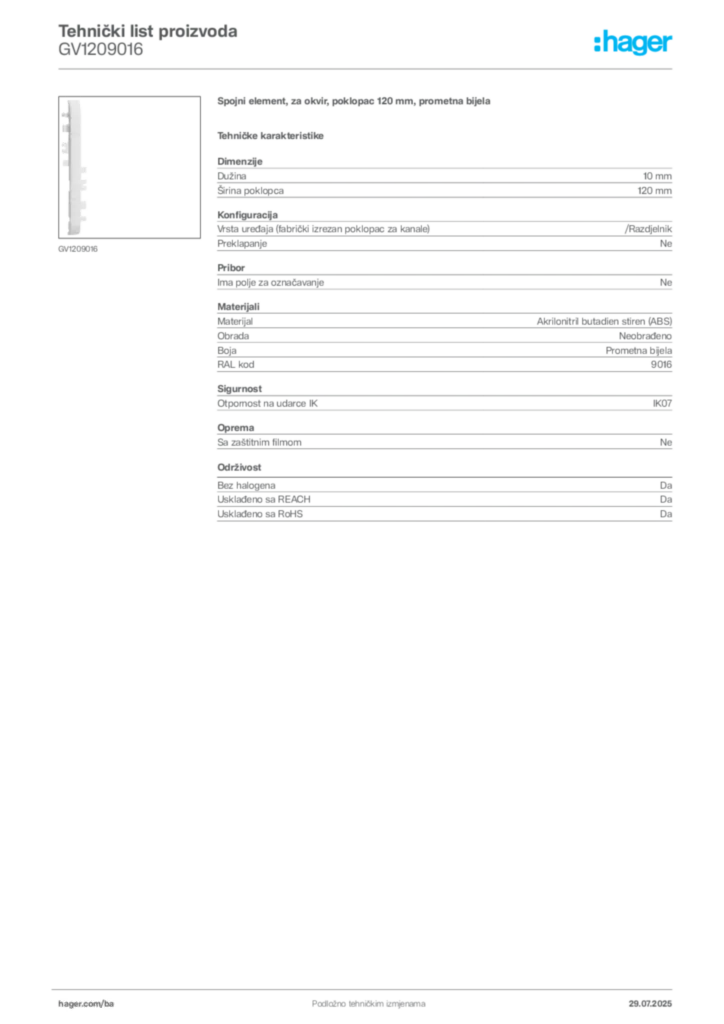 Slika Hager Product data sheet GV1209016  | Hager