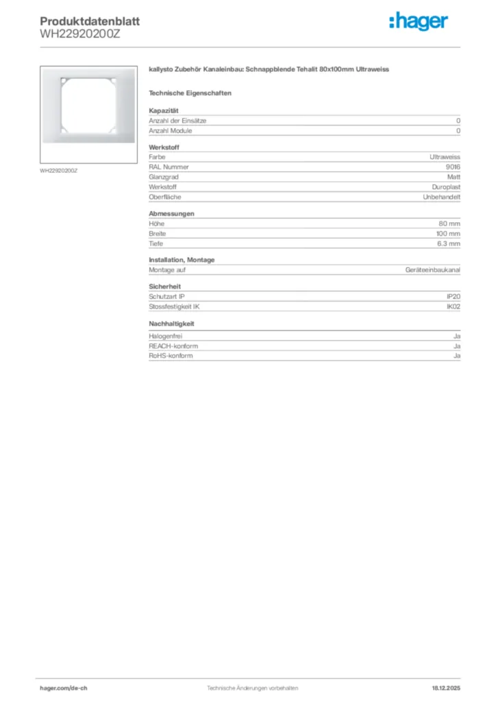 Bild Hager Produktdatenblatt WH22920200Z | Hager Schweiz