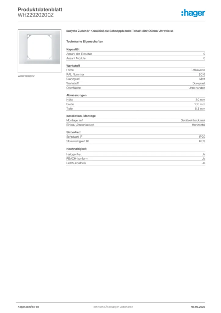 Bild Hager Produktdatenblatt WH22920200Z | Hager Schweiz