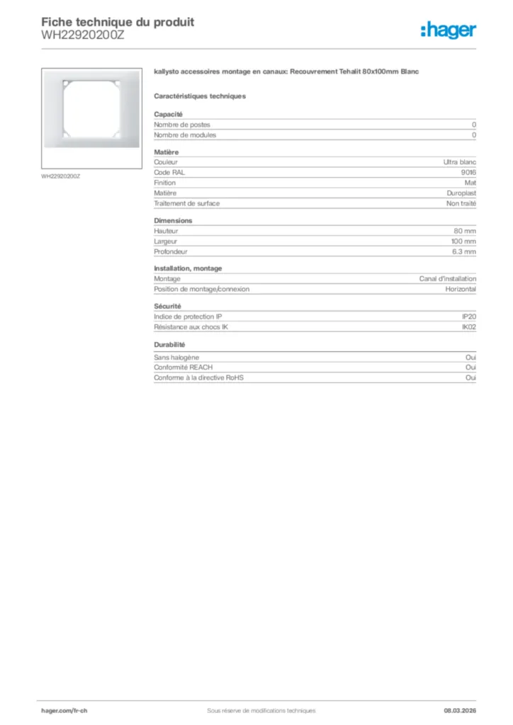 Image Hager Fiche technique du produit WH22920200Z | Hager Suisse