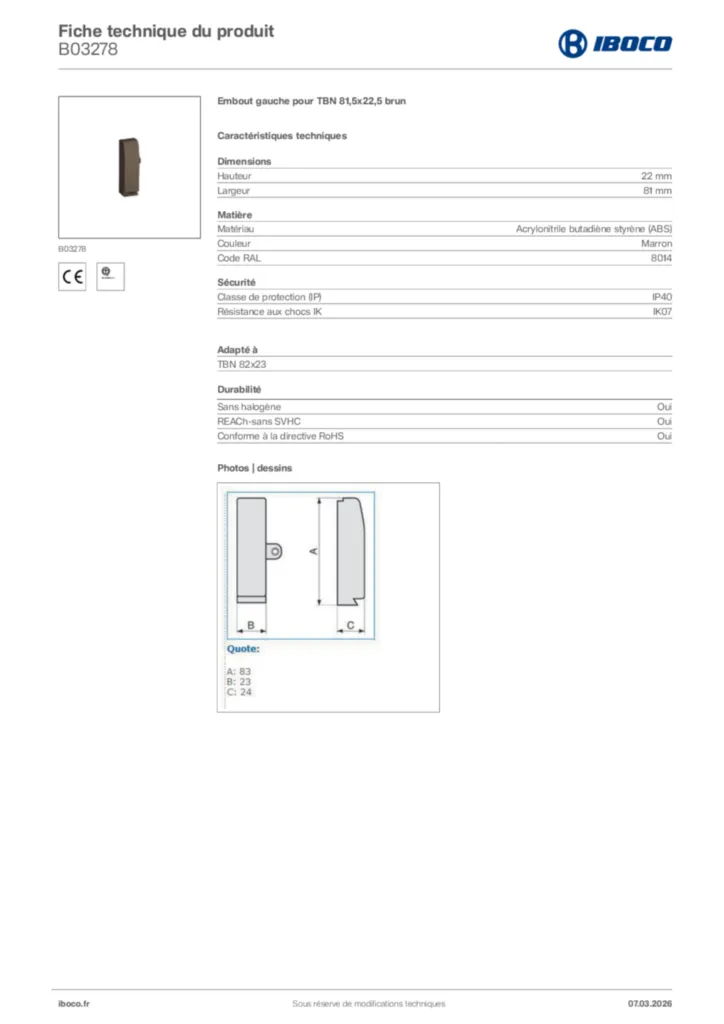 Image Iboco Fiche technique du produit B03278 | Hager France