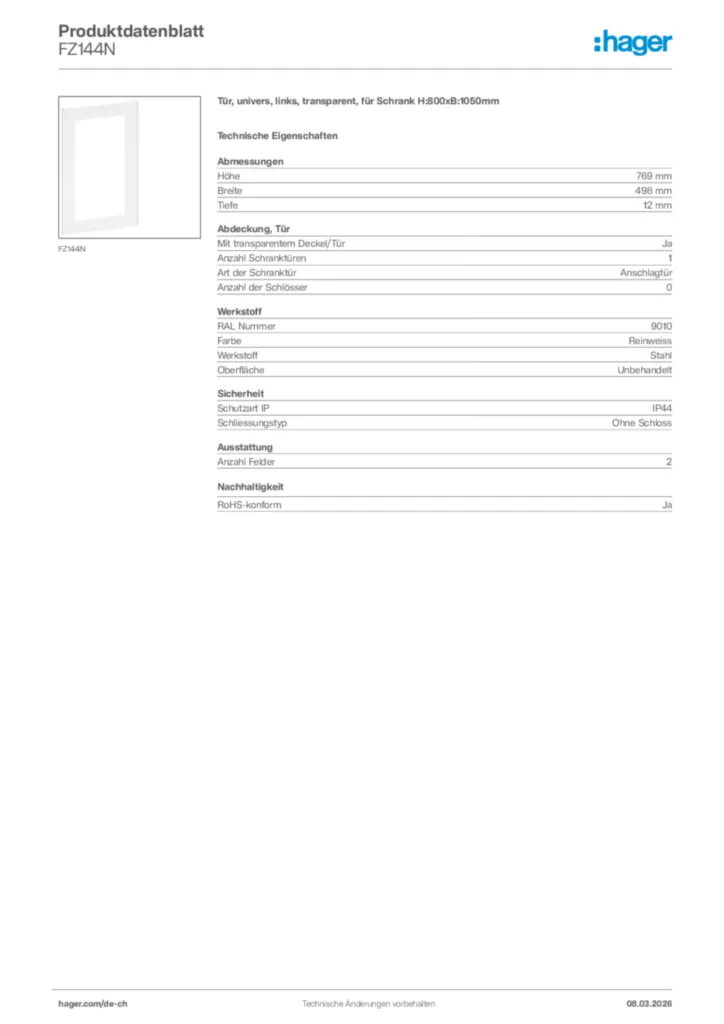 Bild Hager Produktdatenblatt FZ144N | Hager Schweiz