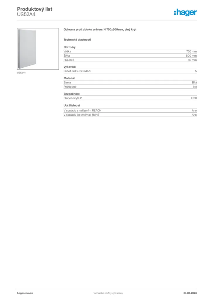 Obrázek Hager Product data sheet US52A4 | Hager