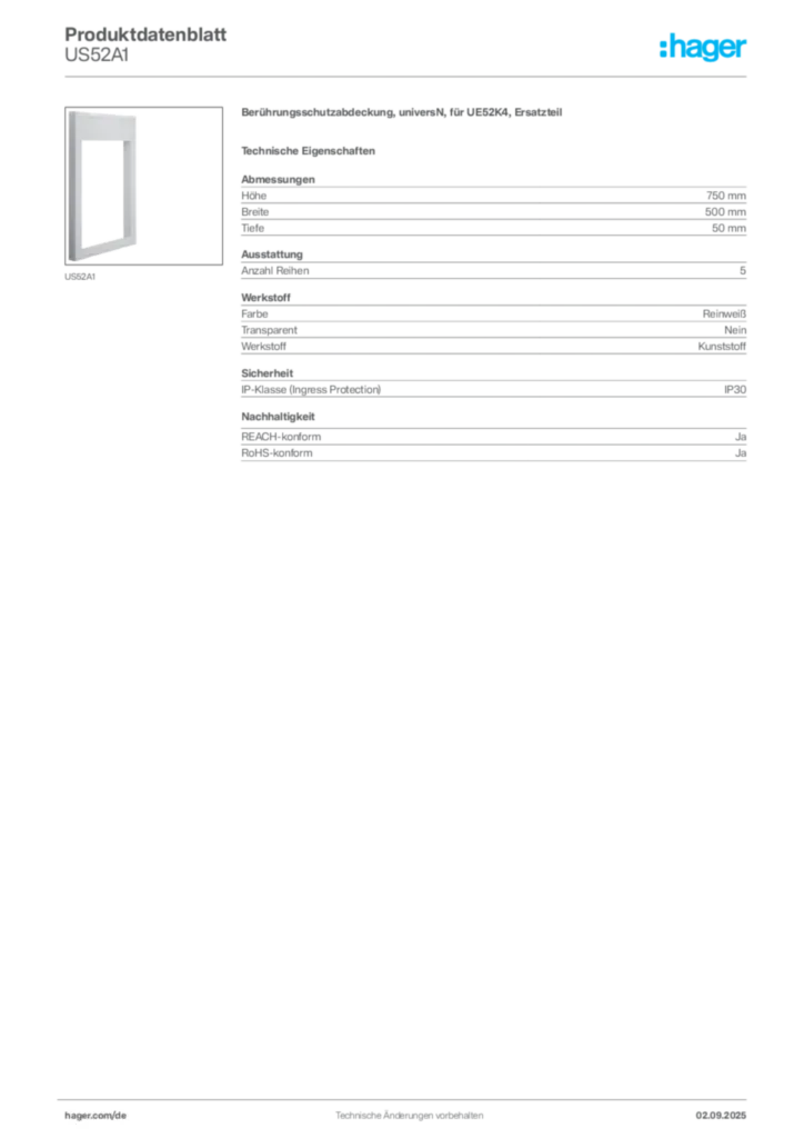 Bild Hager Produktdatenblatt US52A1 | Hager Deutschland