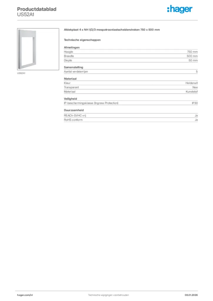 Afbeelding Hager Productdatablad US52A1 | Hager Nederland