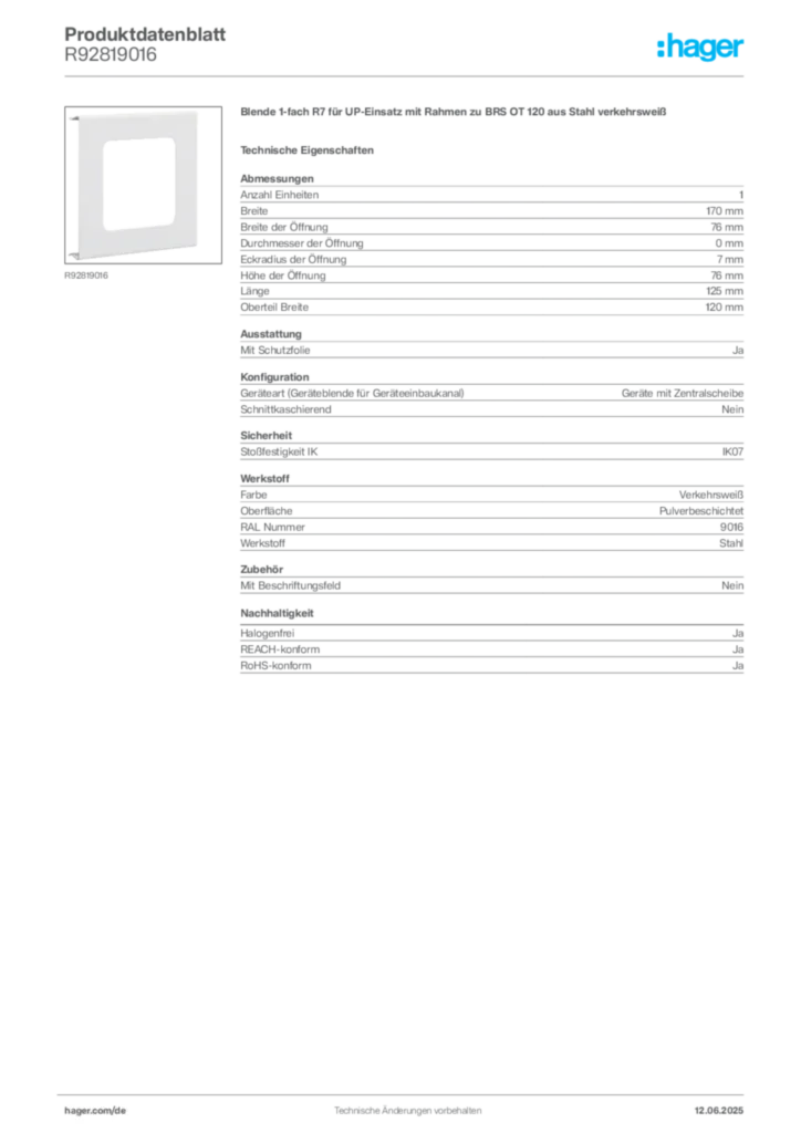 Hager Produktdatenblatt R92819016