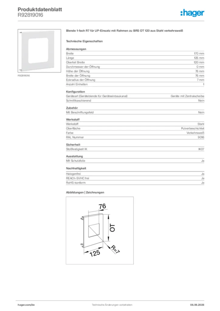 Bild Hager Produktdatenblatt R92819016 | Hager Deutschland