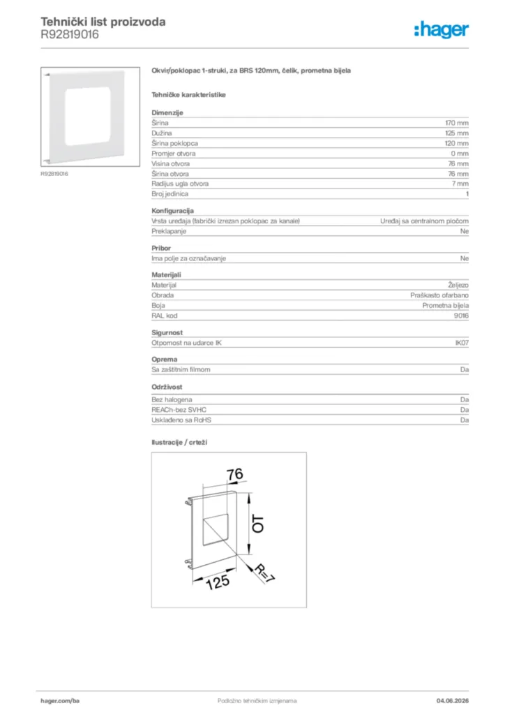 Slika Hager Tehnički list proizvoda R92819016  | Hager