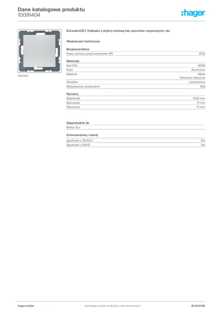 Zdjęcie Hager Karta katalogowa 10091404 | Hager Polska