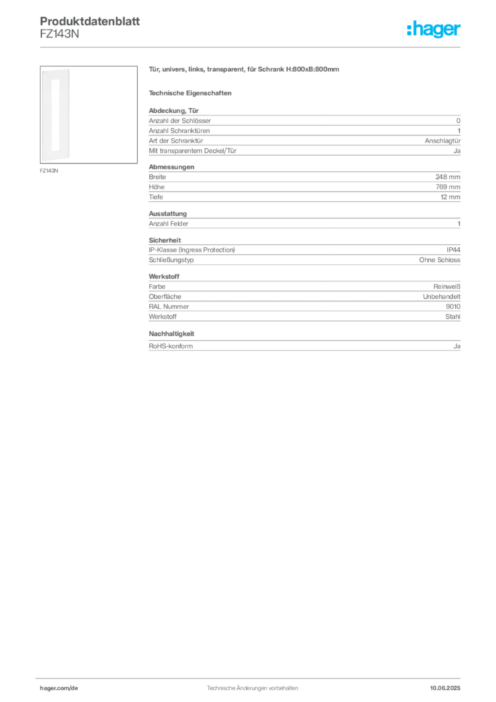 Bild Hager Produktdatenblatt FZ143N | Hager Deutschland