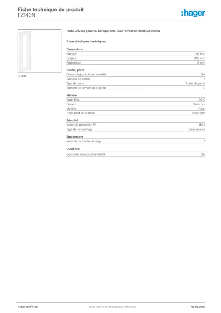Image Hager Fiche technique du produit FZ143N | Hager Suisse
