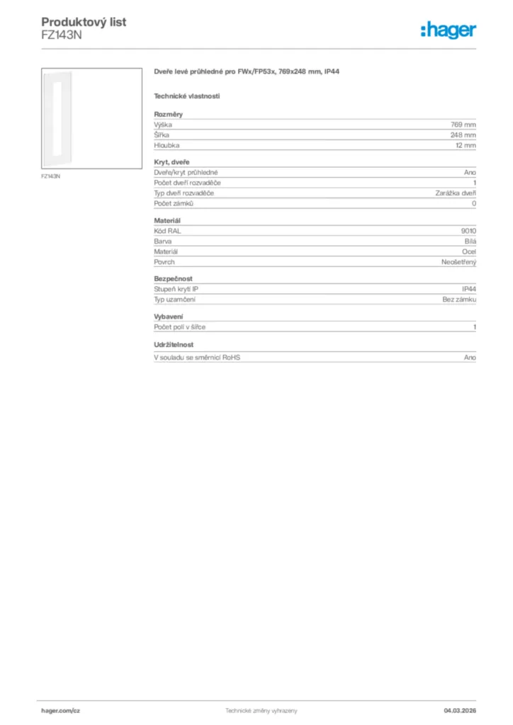 Obrázek Hager Product data sheet FZ143N | Hager
