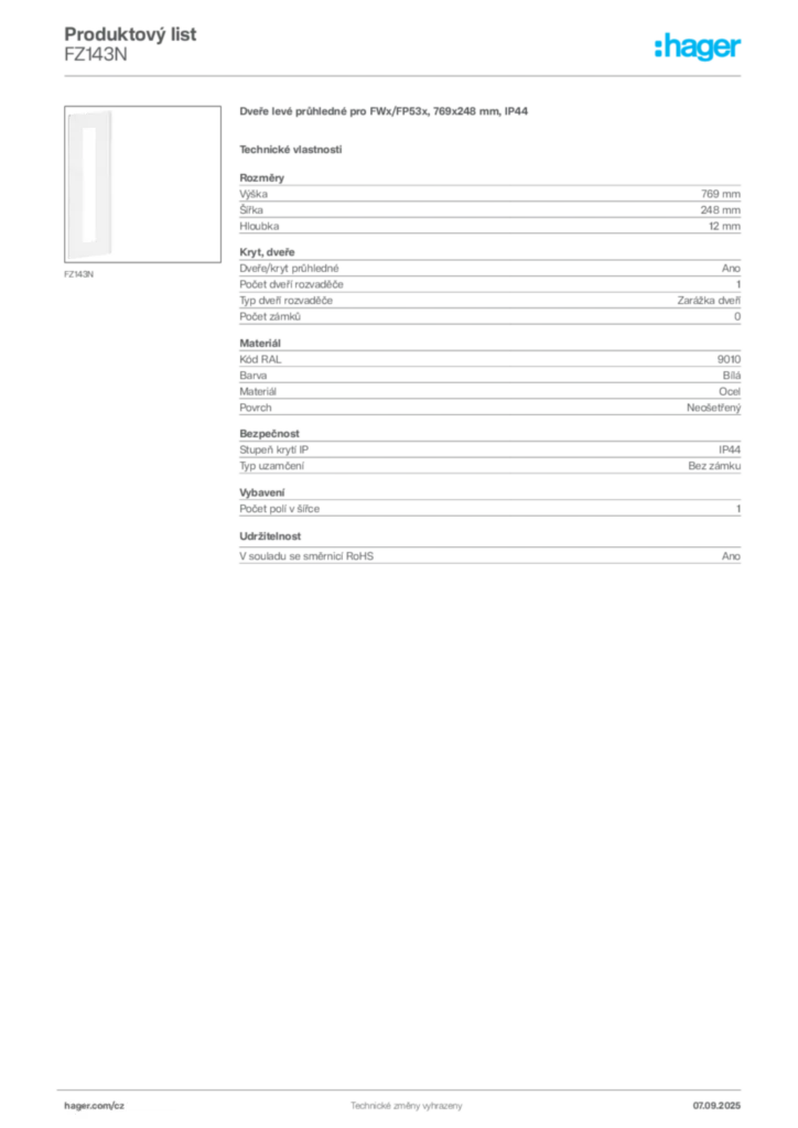 Obrázek Hager Produktový list FZ143N | Hager