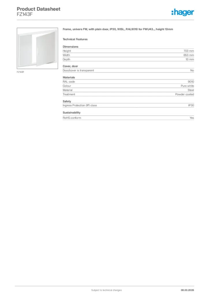 Image Hager Product data sheet FZ143F  | Hager Africa