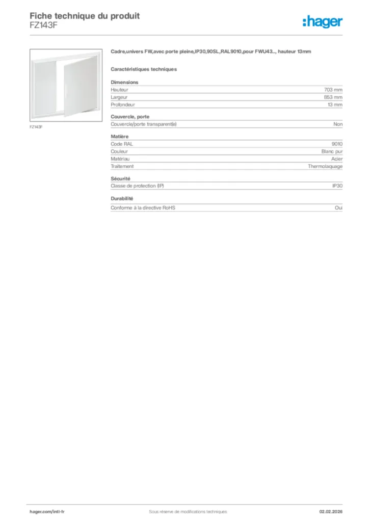 Image Hager Fiche technique du produit FZ143F | Hager Afrique