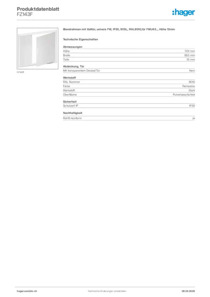 Bild Hager Produktdatenblatt FZ143F | Hager Schweiz