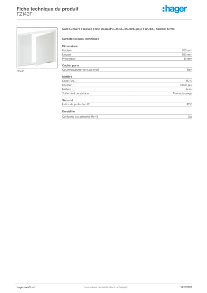 Image Hager Fiche technique du produit FZ143F | Hager Suisse