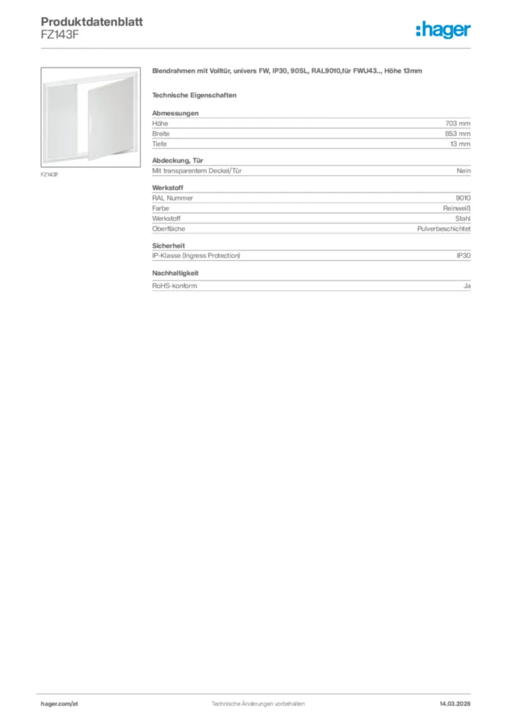 Bild Hager Produktdatenblatt FZ143F | Hager Deutschland