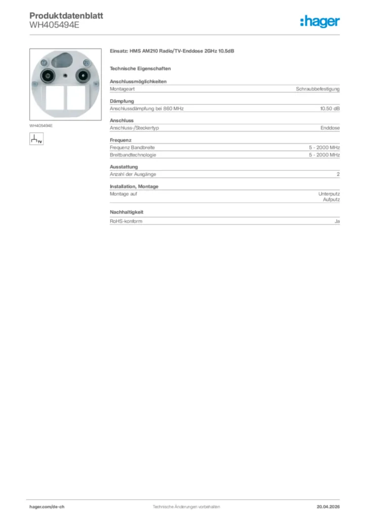 Bild Hager Produktdatenblatt WH405494E | Hager Schweiz